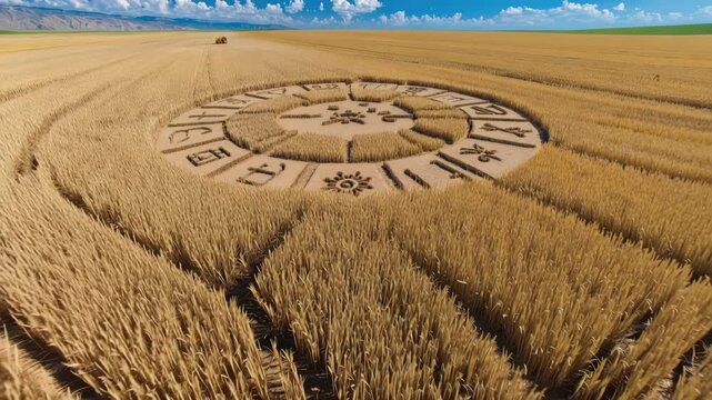 Farm field shows large crop circle with symbols in shape of a circle under clear blue sky during day