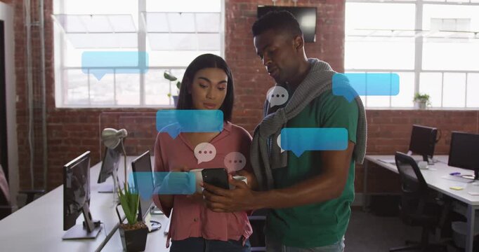 Man angling phone woman holding mug watching blue bubbles increasing over phone for business chat