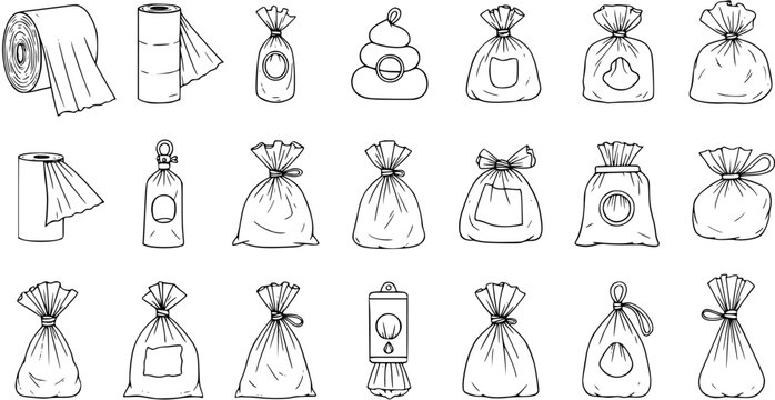 Hand-drawn doodle set of dog and pet poop waste bags, rolls, and dispensers. Black and white line art vector illustrations of pet cleaning supplies and accessories icons.