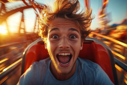 Person in blue t-shirt riding a roller coaster at sunset with windblown hair, motion blur of orange steel track and a feeling of exhilarated thrill