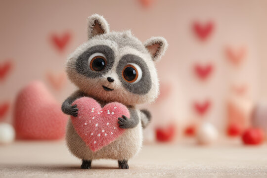 A lovable raccoon tenderly clutches a heart, radiating affection against a backdrop of soft pink and scattered hearts. A perfect depiction of love.
