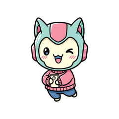 Fototapeta premium Cute Robot Cat Character Holding Phone Commercial