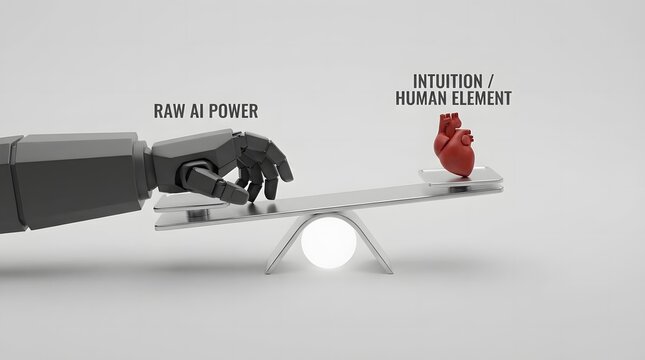 A conceptual image illustrating the delicate balance between raw artificial intelligence power and human intuition, represented by a robotic arm and a heart on a seesaw.