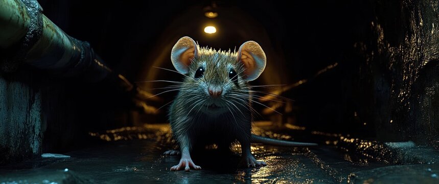 A curious rat stands in a damp, dark underground tunnel, facing the camera with whiskers and large ears, a warm light glowing at the far end.