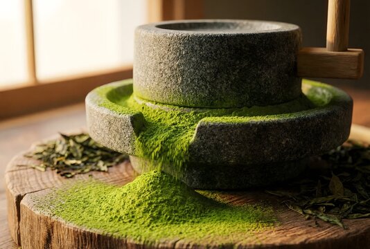 A traditional, heavy granite stone mill slowly grinding dried Tencha leaves into ultra-fine, vibrant, glowing emerald-green Matcha powder.