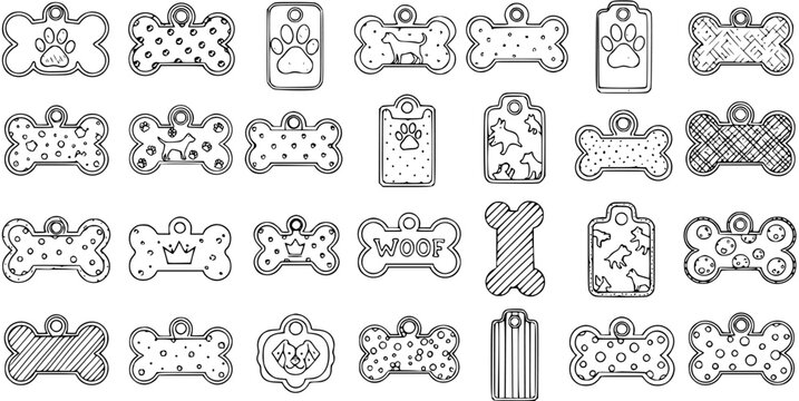 Collection of 3D dog tag designs: Vector illustration of bone-shaped and rectangular pet ID tags for personalization.