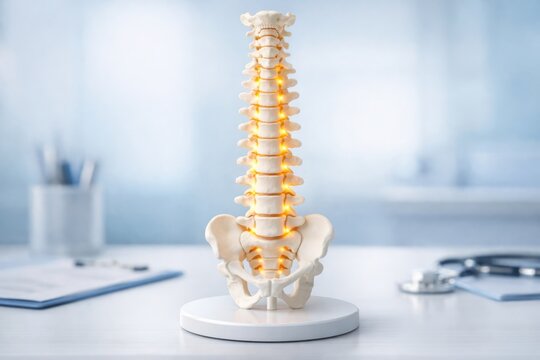 Lumbar Spine Anatomy: A meticulously crafted model of a lumbar spine stands prominently on a desk, bathed in a soft glow, illustrating the delicate architecture of the spine.
