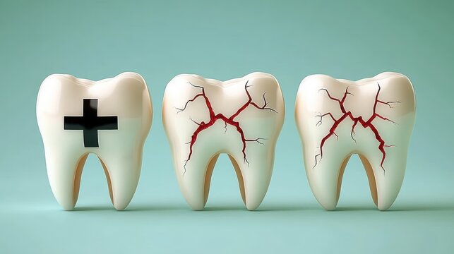 Three molar teeth on a soft teal background: one marked with a medical cross and two with red cracked fractures, evoking pain and urgent dental care