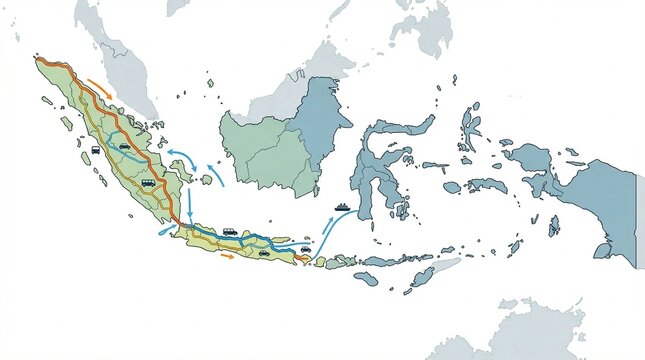 Highly detailed aerial map of Indonesia featuring glowing mudik travel routes across major islands, with cars and buses moving along main roads.