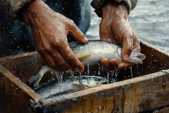 rugged hands holding freshly caught silvery fish over a water-splashed wooden crate, droplets falling in a focused hardworking moment