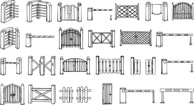 Detailed hand-drawn collection of gates, fences, turnstiles, and barriers. Outline sketch illustrations for security, access control, and architectural design.