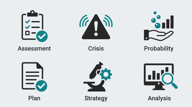 Business risk management vector illustration with assessment, crisis, probability, plan, strategy, and analysis icons in a graphic design