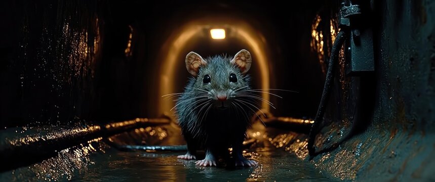 A curious wet rat stands in a dark tunnel, a glowing light at the end reflecting on the wet floor