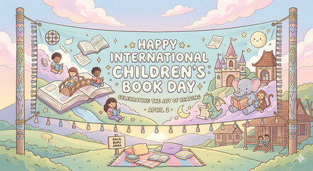 Naklejka premium AI illustration for International Children's Book Day, featuring children reading in a magical landscape, promoting literacy, imagination, and the joy of stories
