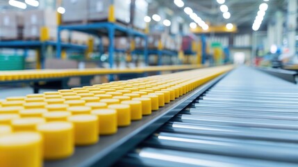 Fototapeta premium A bright clean industrial facility showcasing an organized automated manufacturing line with rows of yellow parts progressing along a conveyor belt system