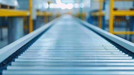Fototapeta premium Close up view of a long metallic industrial conveyor belt system with roller mechanisms extending through a clean bright factory interior suggesting automation and efficient logistics