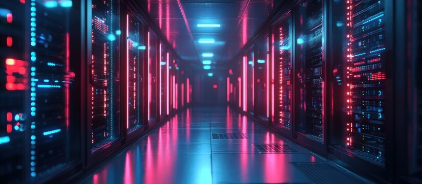 Futuristic data center corridor with reflective floor, long rows of server racks lit by blue and magenta LED lights and glowing network equipment, conveying a sleek high-tech mood