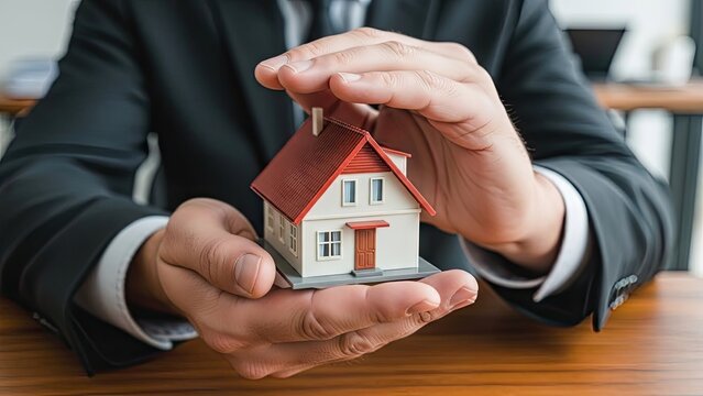 A businessman protecting a small house with his hands in an office