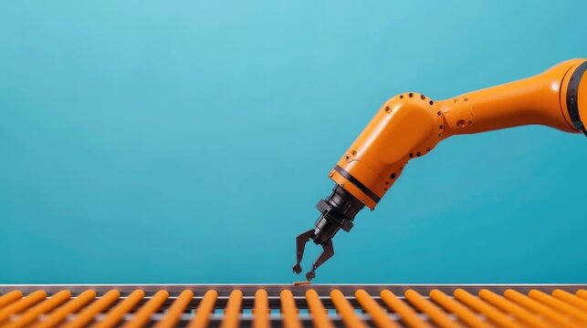An orange robotic arm with a gripper meticulously places a small component onto an automated conveyor belt system highlighting precision manufacturing and modern industrial technology