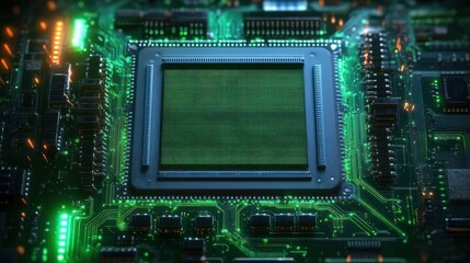 Fototapeta premium Close-up of a glowing central processor on a green illuminated circuit board, surrounded by electronic components and luminous traces, conveying a futuristic energetic pulse