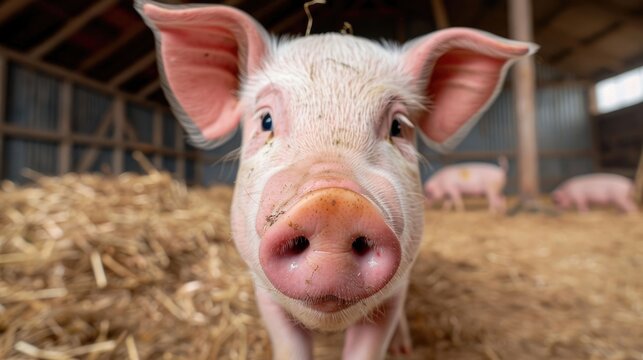 A charming young piglet gazes directly into the from its comfortable straw bedding inside a rustic farm barn with soft lighting creating a gentle atmosphere