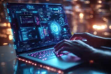Naklejka premium Hands typing on a laptop with glowing neon holographic data interface, blue and purple lighting and city bokeh background, evoking focused intensity and futuristic concentration