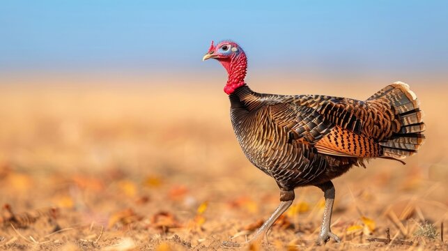 A solitary wild turkey displaying its richly textured plumage strides across a sunlit dry field dotted with fallen leaves with a vast clear blue sky in the background
