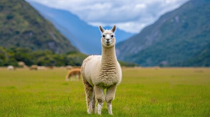 Fototapeta premium A white alpaca standing in a lush green meadow with a backdrop of majestic mountains and a cloudy sky