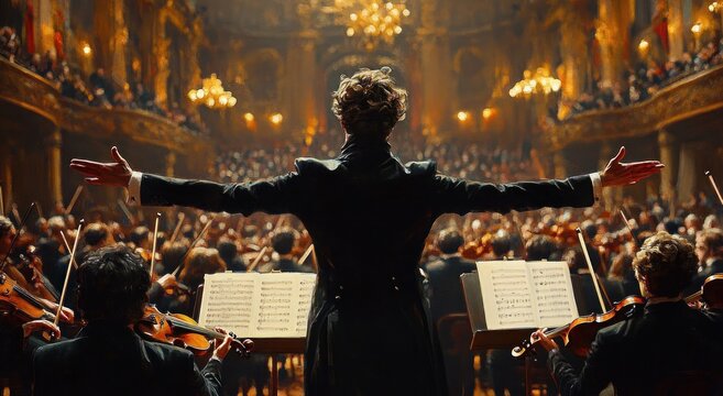 Triumphant conductor with outstretched arms leading a full orchestra of violinists and musicians before a packed audience in an ornate golden concert hall, evoking passion and grandeur