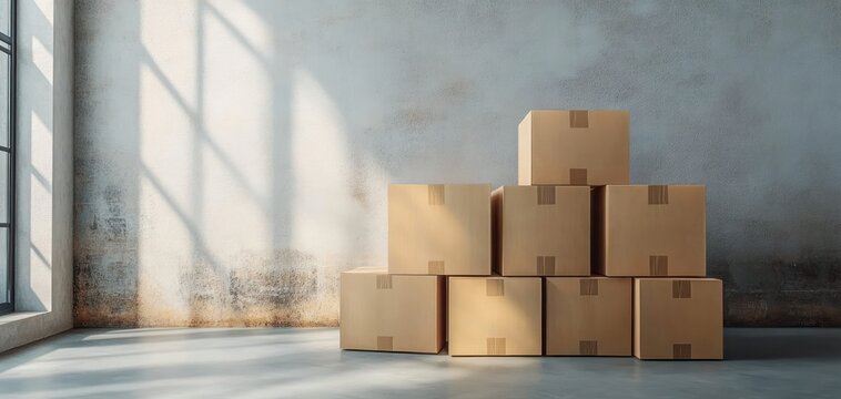 stack of cardboard boxes in a sunlit empty industrial room with large window casting shadows on a textured wall, calm quiet anticipation