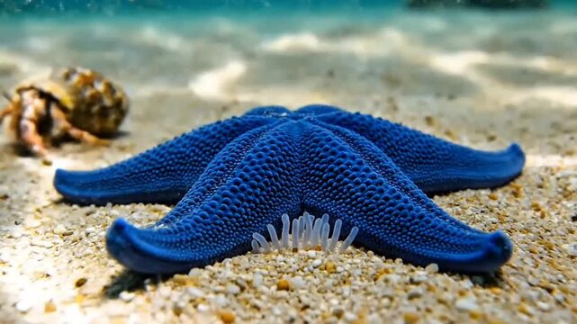 Blue starfish on sandy ocean floor with hermit crab in background, underwater marine life.