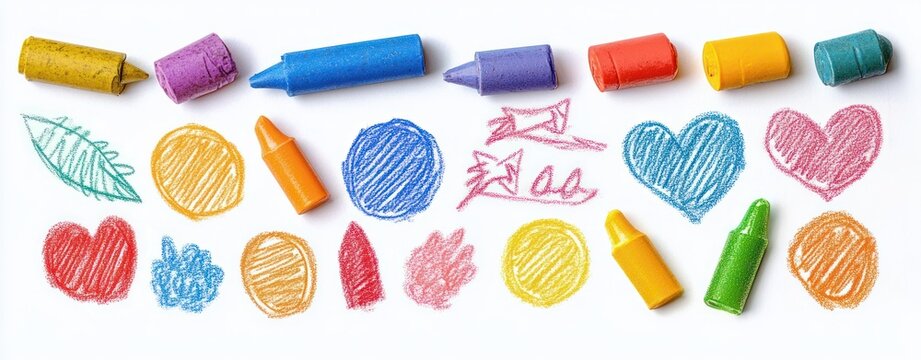 Colorful broken crayon stubs and playful scribbles of hearts, circles, stars and a leaf on a white background, cheerful childlike creativity