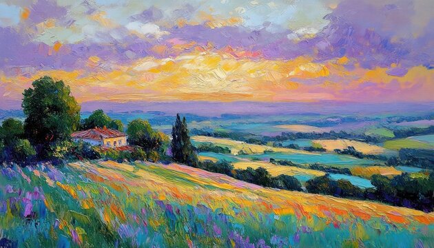 Tranquil colorful sunset over rolling patchwork fields and wildflower meadow with a small cottage and trees