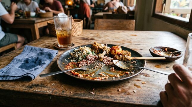 Half-eaten Indonesian meal on a rustic table at a local restaurant, showing leftover rice, satay, noodles, and sambal, capturing an authentic everyday dining atmosphere.