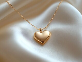 Fototapeta premium gold heart pendant necklace resting on smooth white satin fabric, soft light, elegant and romantic