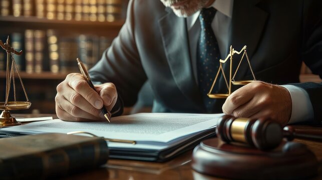 Focused lawyer in a dark suit signing legal documents at a wooden desk with scales of justice and gavel, conveying seriousness and authority