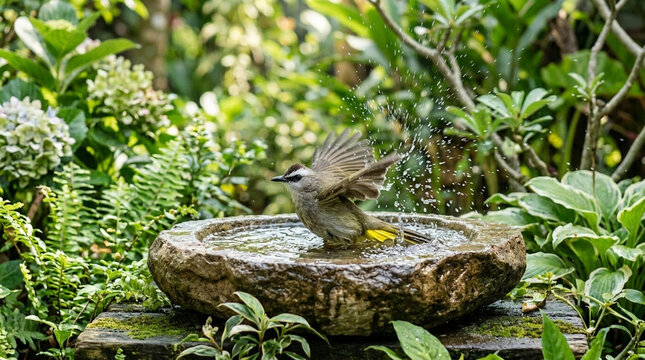 Brown Songbird Bathing in Garden Birdbath with Water Splash