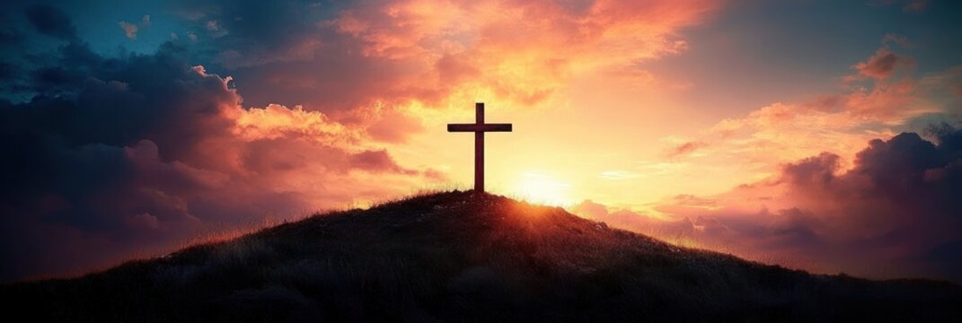 wooden cross silhouette on grassy hill with golden backlight and dramatic colorful clouds, evoking a peaceful hopeful mood