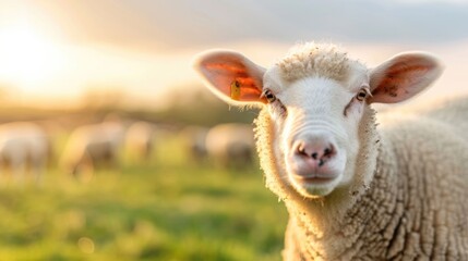 Fototapeta premium A fluffy sheep s face is captured in a close up looking directly at the in a green pasture during a warm golden hour sunset with a blurred flock in the background