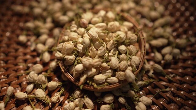 Cinematic shot of dried jasmine buds pouring continuously to overflow from an artisanal bamboo basket while slowly rotating clockwise on a turntable, showcasing organic textures and abundant quality.