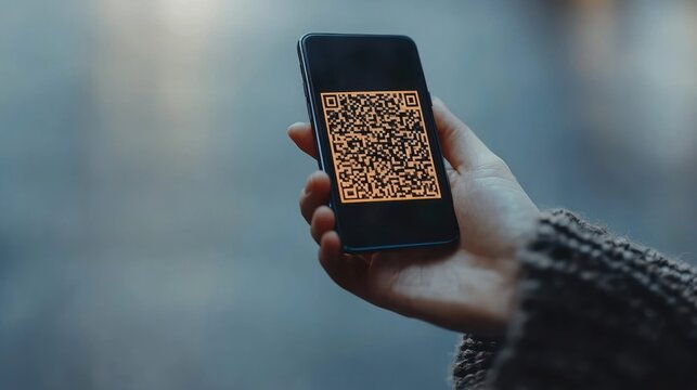 Hand holding smartphone showing an orange QR code on the screen, cozy sweater sleeve visible, close-up with soft bokeh background conveying modern convenience and digital readiness