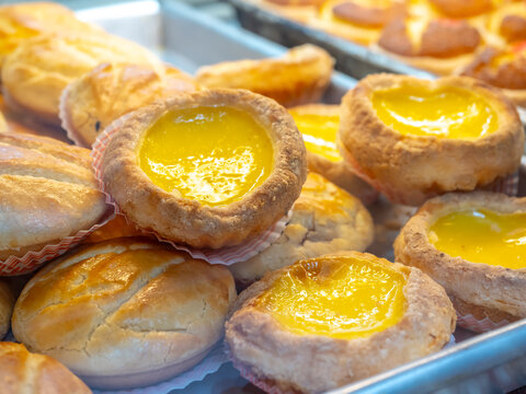 Hong Kong style egg tarts in bakery tray. Crispy pastry crust filled with smooth golden custard, famous local dessert and traditional Cantonese bakery snack popular in Hong Kong food culture.