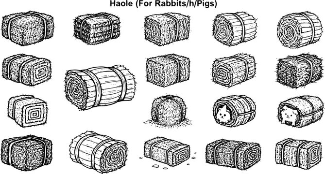 Hand-drawn vector set of various hay and straw bales in different shapes (square, rectangular, round, loose), featuring cute cartoon rabbits and pigs peeking out, ideal for farm animal feeding 