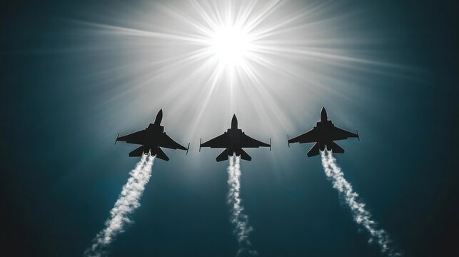 Three fighter jets fly in tight formation beneath a radiant sun, leaving white contrails across a clear blue sky