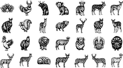 Black and White Hand-drawn Animal Illustrations Set. Vintage Engraving Style Collection of Wildlife, Forest, and Farm Mammals and Birds Sketches. © victoria