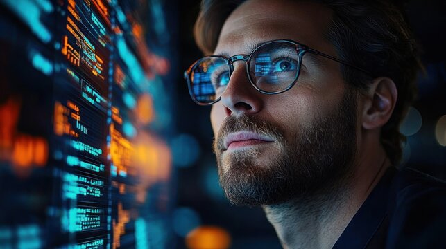 Focused developer examining glowing blue and orange code on a vertical screen, reflections in eyeglasses, close-up profile in a tech-lit workspace, intense concentration