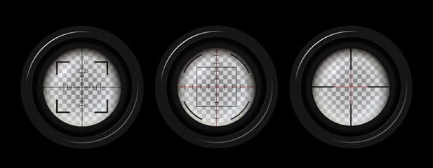 Obraz premium Photorealistic detailed sniper rifle scope aim pack isolated. Crosshair holographic sight. Aim shoot focus cursor. Bullseye mark targeting. Game aiming sight dot pointer. Vector illustration