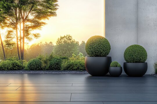golden hour patio with spherical topiaries in black pots along a concrete wall, modern wooden deck, and a tranquil garden backdrop