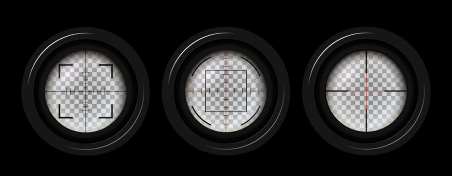 Photorealistic detailed sniper rifle scope aim pack isolated. Crosshair holographic sight. Aim shoot focus cursor. Bullseye mark targeting. Game aiming sight dot pointer. Vector illustration