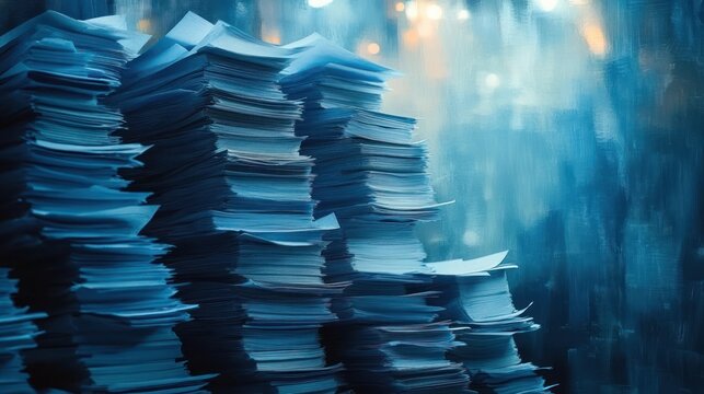 Towering stacks of paper and documents in cool blue light with blurred city lights in the background, evoking an overwhelmed late-night office and heavy paperwork backlog